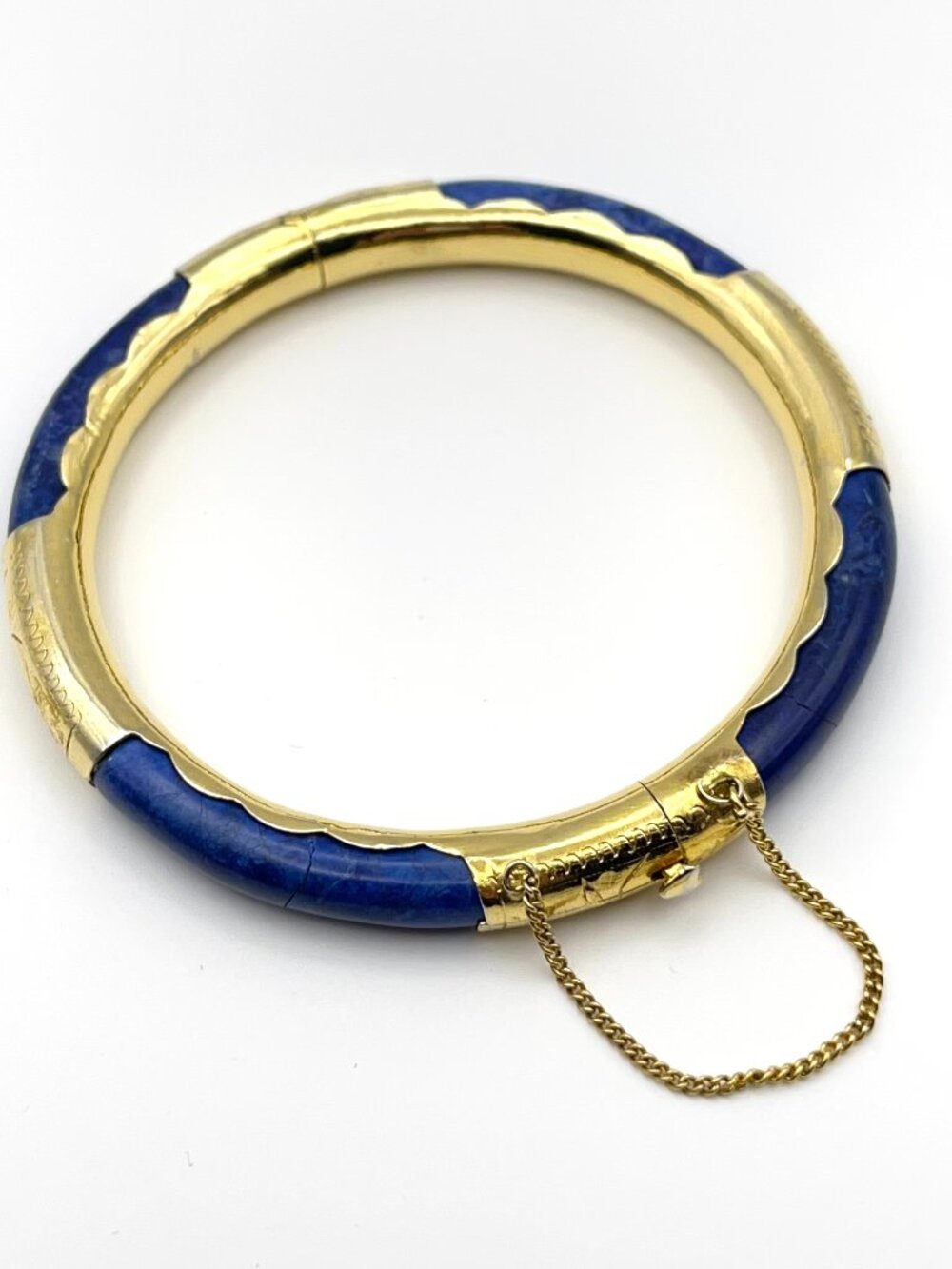 Vintage Blue Stone Gold Tone Hinged Bangle Bracelet